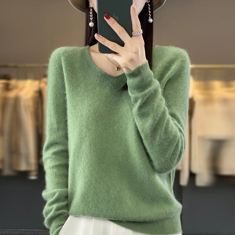 Basics 2024 Autumn Winter Women Sweater 100% Merino Wool V-Neck Knitwear Solid Office Lady Pullover Long Sleeve Cashmere Clothes