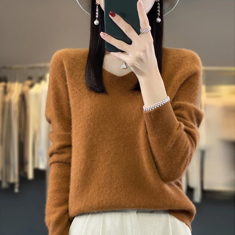 Basics 2024 Autumn Winter Women Sweater 100% Merino Wool V-Neck Knitwear Solid Office Lady Pullover Long Sleeve Cashmere Clothes