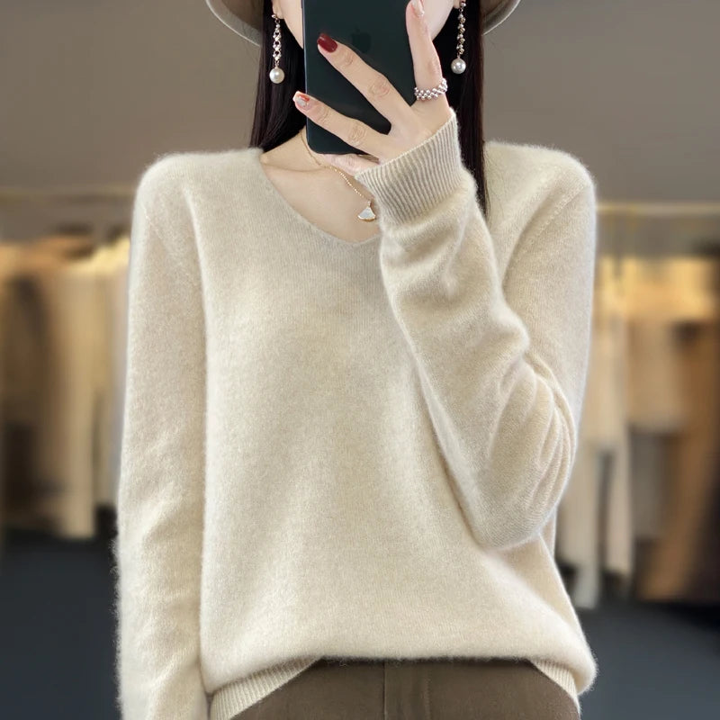 Basics 2024 Autumn Winter Women Sweater 100% Merino Wool V-Neck Knitwear Solid Office Lady Pullover Long Sleeve Cashmere Clothes