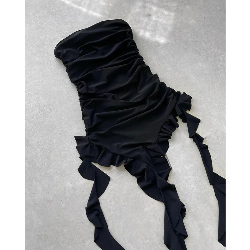 Women Strapless Sexy Floral Fold Hemline High Slit Mini Dress 2024 Solid Backless Sleeveless Black and Pink Party Dress Vestidos