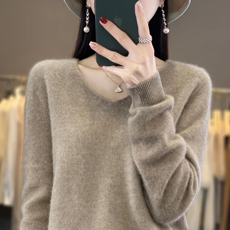 Basics 2024 Autumn Winter Women Sweater 100% Merino Wool V-Neck Knitwear Solid Office Lady Pullover Long Sleeve Cashmere Clothes