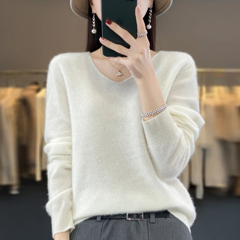 Basics 2024 Autumn Winter Women Sweater 100% Merino Wool V-Neck Knitwear Solid Office Lady Pullover Long Sleeve Cashmere Clothes
