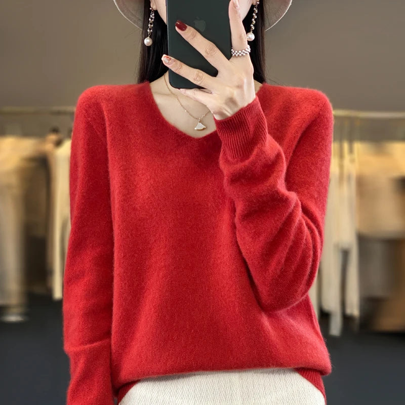Basics 2024 Autumn Winter Women Sweater 100% Merino Wool V-Neck Knitwear Solid Office Lady Pullover Long Sleeve Cashmere Clothes