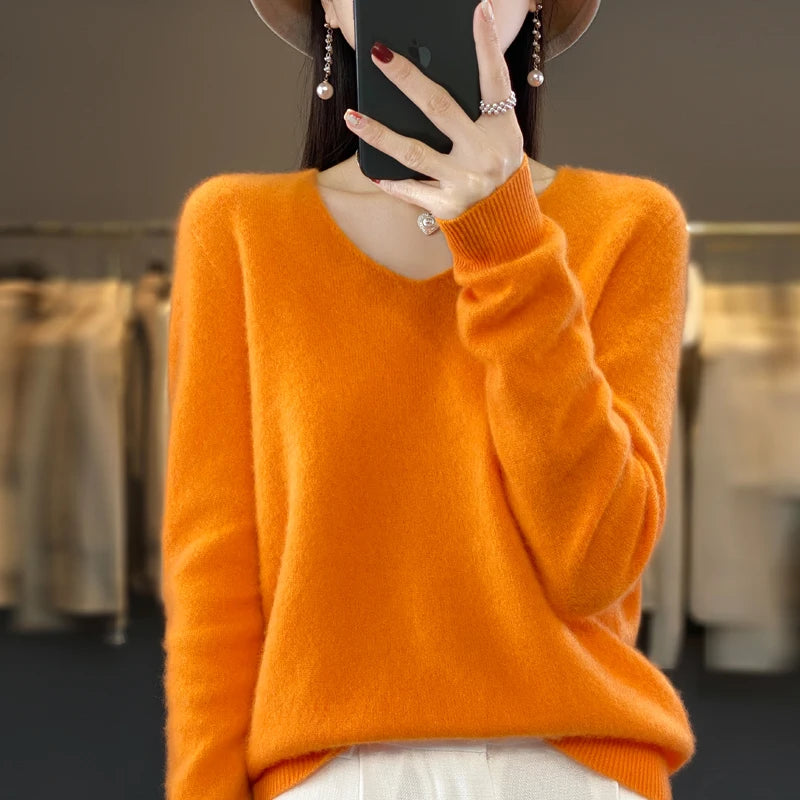 Basics 2024 Autumn Winter Women Sweater 100% Merino Wool V-Neck Knitwear Solid Office Lady Pullover Long Sleeve Cashmere Clothes