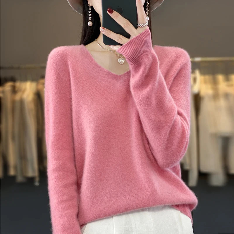 Basics 2024 Autumn Winter Women Sweater 100% Merino Wool V-Neck Knitwear Solid Office Lady Pullover Long Sleeve Cashmere Clothes