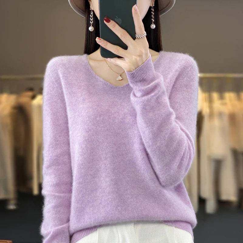 Basics 2024 Autumn Winter Women Sweater 100% Merino Wool V-Neck Knitwear Solid Office Lady Pullover Long Sleeve Cashmere Clothes