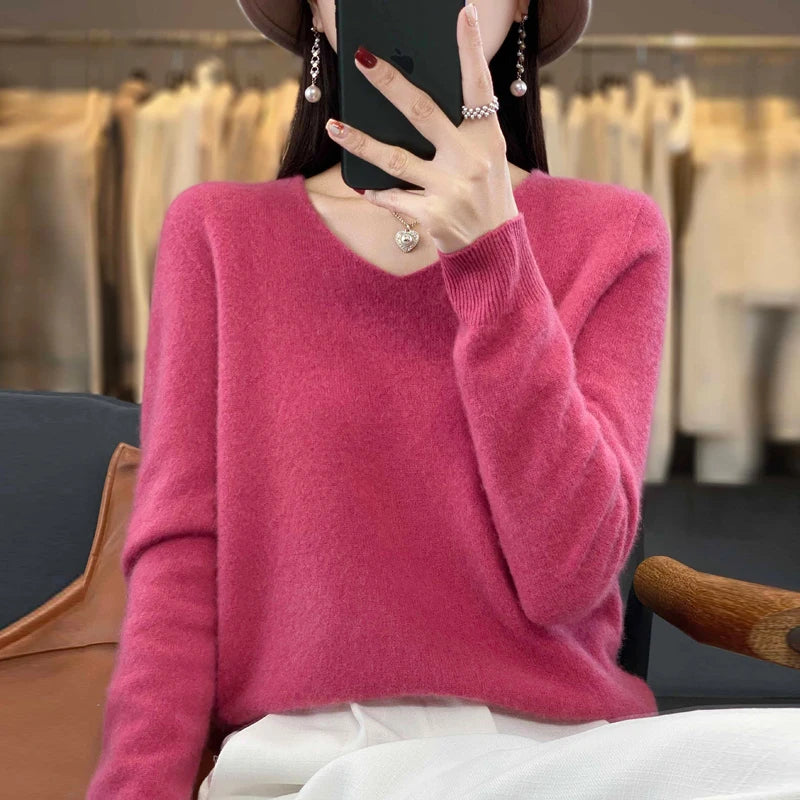 Basics 2024 Autumn Winter Women Sweater 100% Merino Wool V-Neck Knitwear Solid Office Lady Pullover Long Sleeve Cashmere Clothes