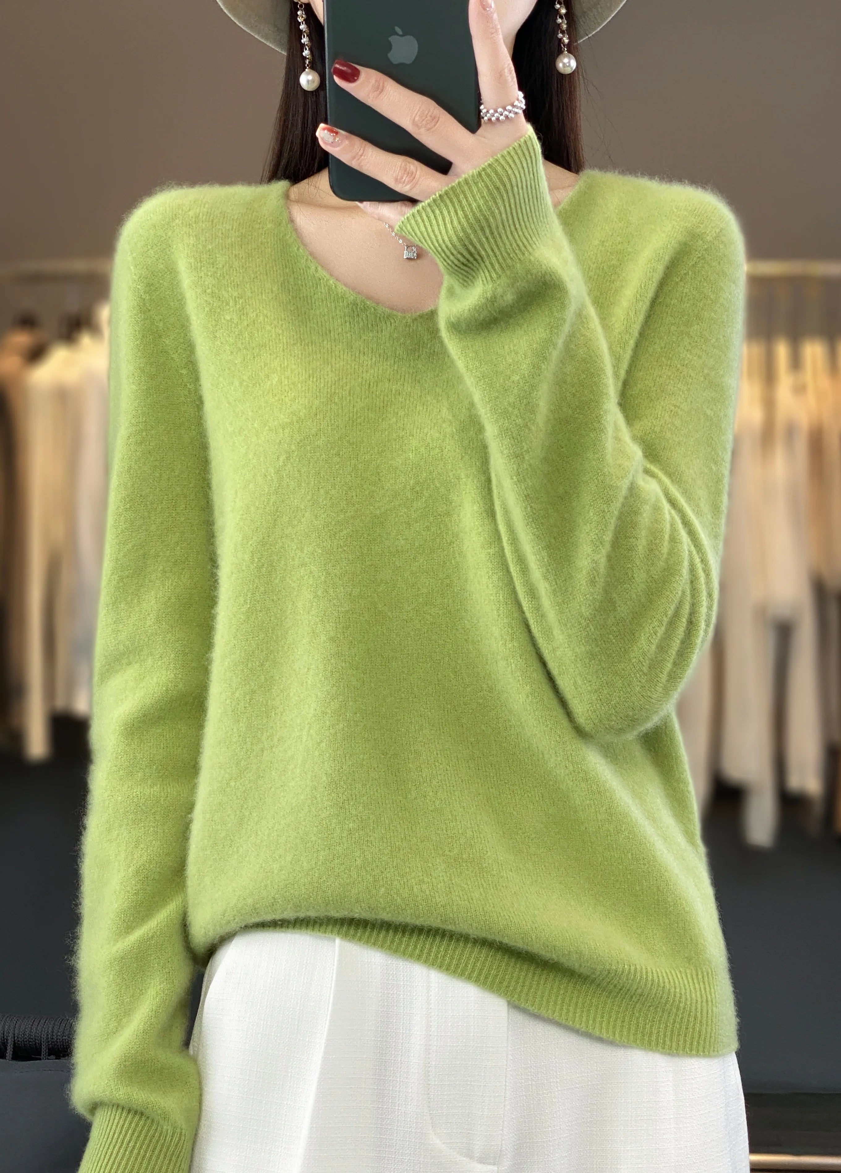 Basics 2024 Autumn Winter Women Sweater 100% Merino Wool V-Neck Knitwear Solid Office Lady Pullover Long Sleeve Cashmere Clothes