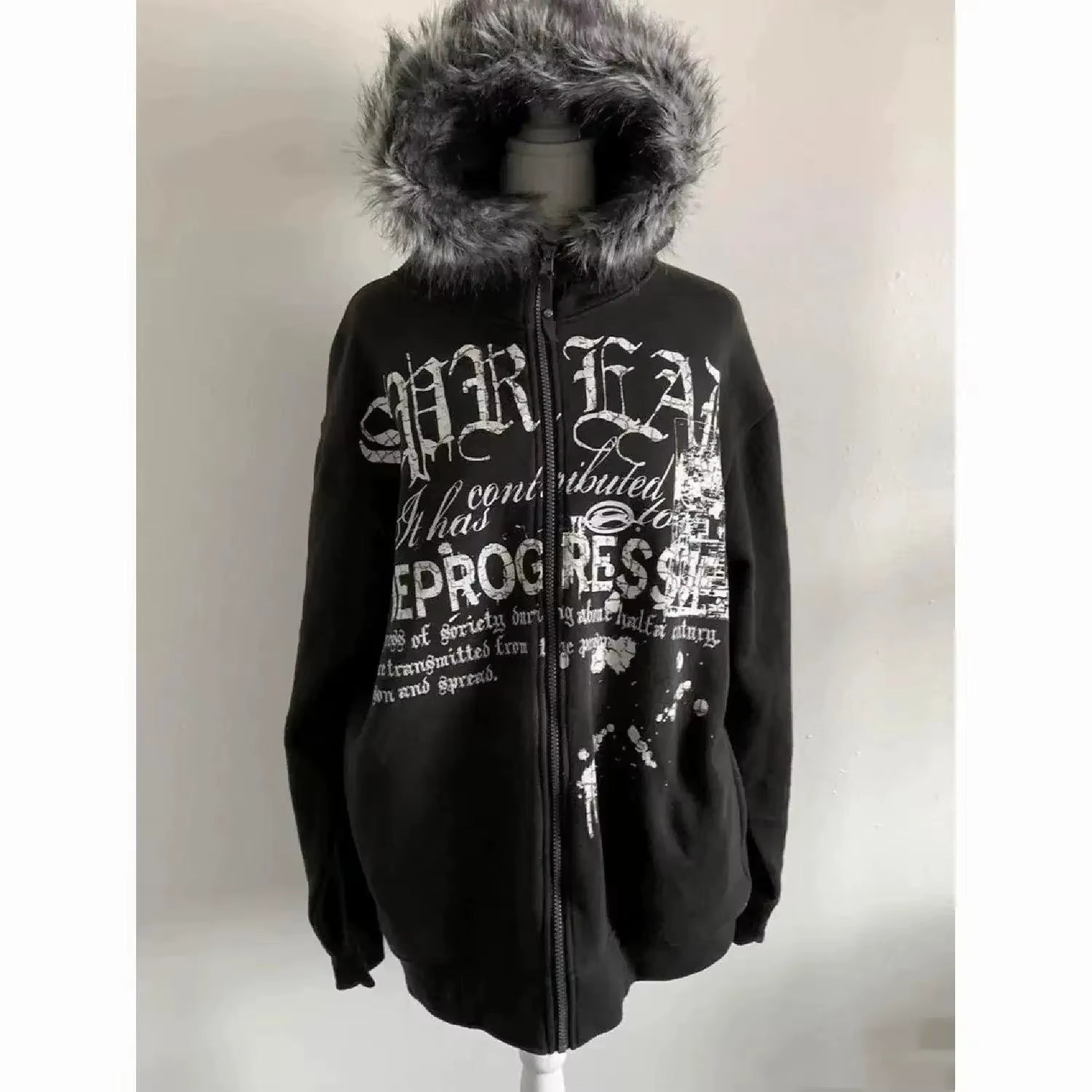 Subculture Gothic Women Coats with Hoodies Vintage Korean Harajuku Black Jackets Faux Fur Coat Female Loose Casual Sweatshirt