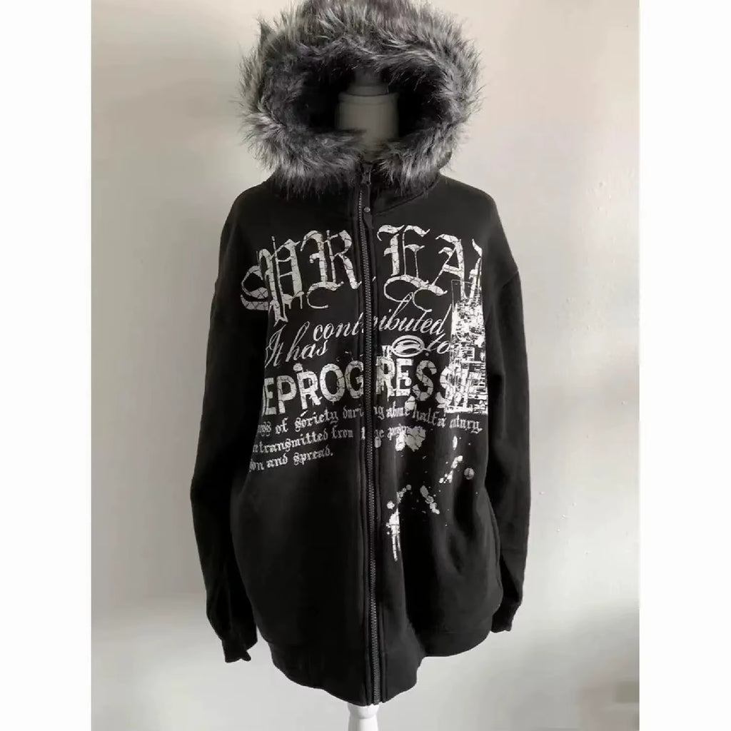Subculture Gothic Women Coats with Hoodies Vintage Korean Harajuku Black Jackets Faux Fur Coat Female Loose Casual Sweatshirt