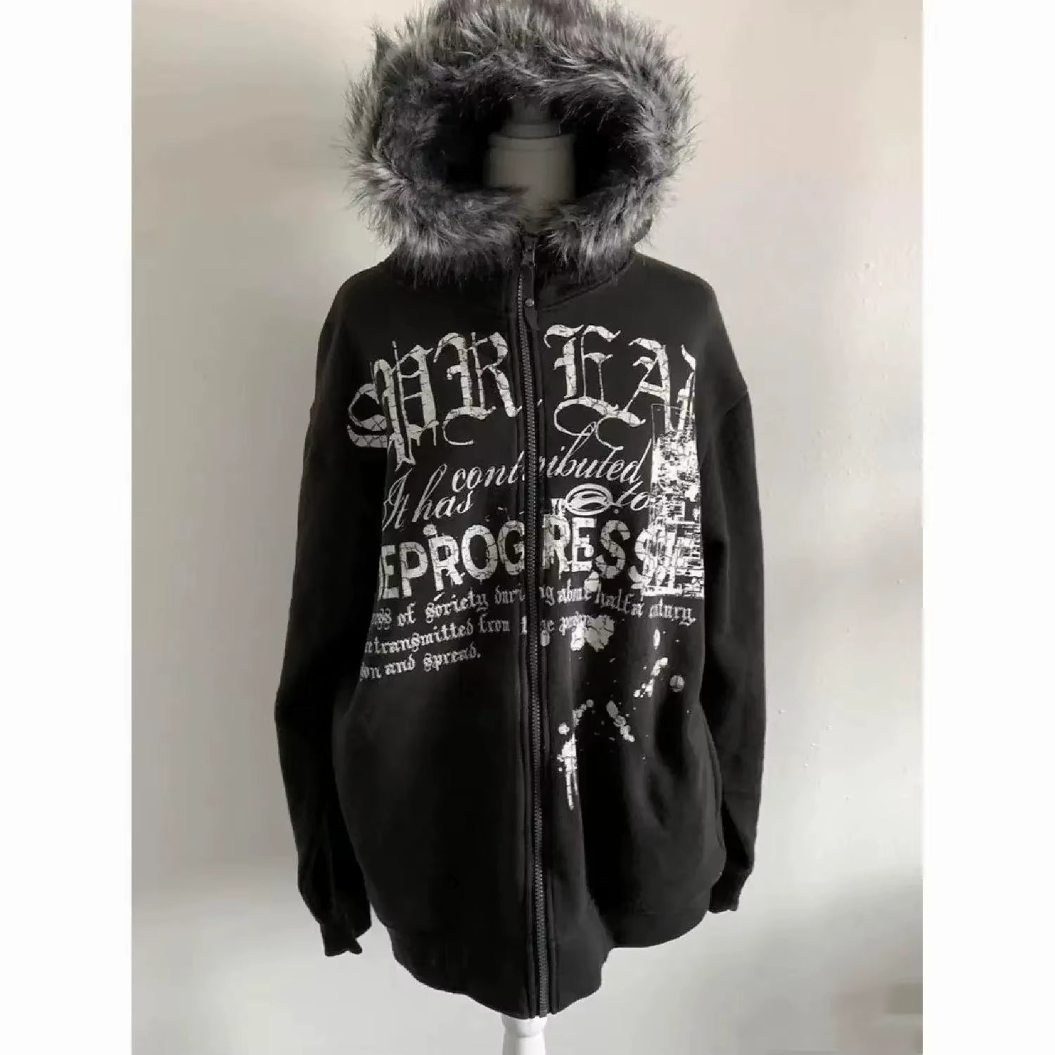 Subculture Gothic Women Coats with Hoodies Vintage Korean Harajuku Black Jackets Faux Fur Coat Female Loose Casual Sweatshirt