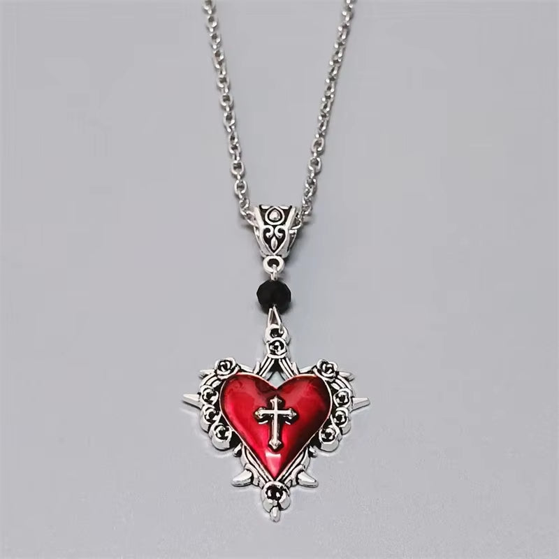 Goth Jewelry Thorn Cross Heart Pendant Red Drip Oil Rose Flower Necklace for Women Punk Charms Accessories Grunge Necklace Y2K