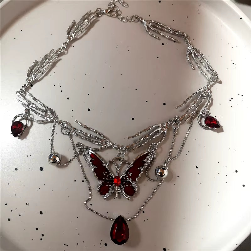 Gothic Y2K Red Butterfly Star Heart Cross Pendant Ghost Claw Choker Charms Necklaces Women Aesthetic Accessories Grunge Jewelry