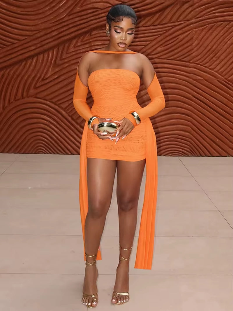 Summer Vacation Sexy See through Dress+Shawl Women Ruched Side Ribbon Coquette Skinny Midnight Clubwear Party Bodycon