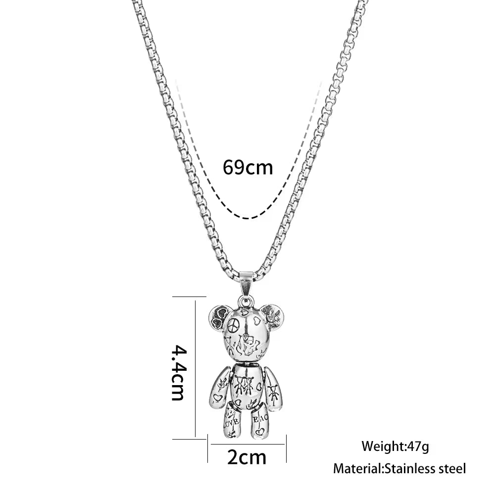 Fashion Hip Hop Bear Pendant Titanium Steel Necklace Punk Men and Women Ins Y2K Couple Sweater Chain Female Jewelry Gift
