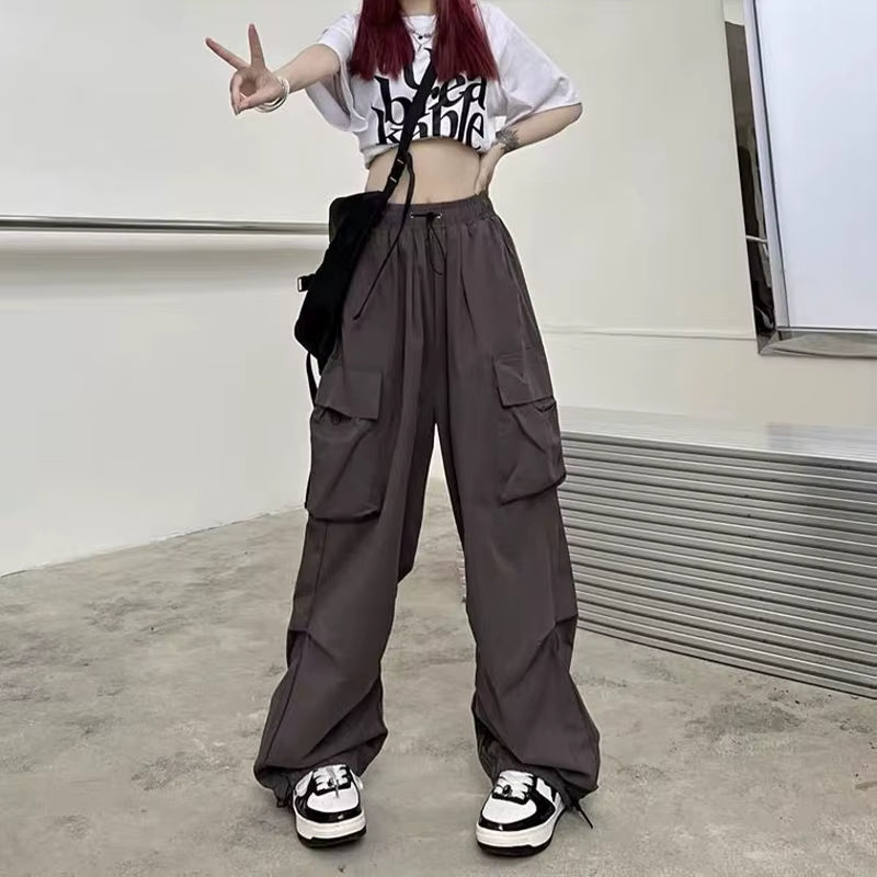 Women Casual Baggy Cargo Pants Solid Low Waist Joggers Tech Pants Drawstring Wide Leg Baggy Trousers Y2K Streetwear Sweatpants