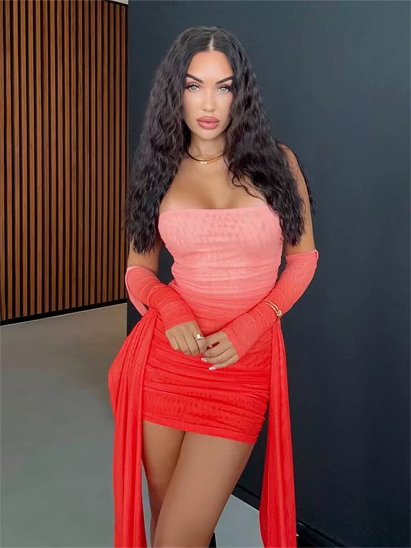 Summer Vacation Sexy See through Dress+Shawl Women Ruched Side Ribbon Coquette Skinny Midnight Clubwear Party Bodycon