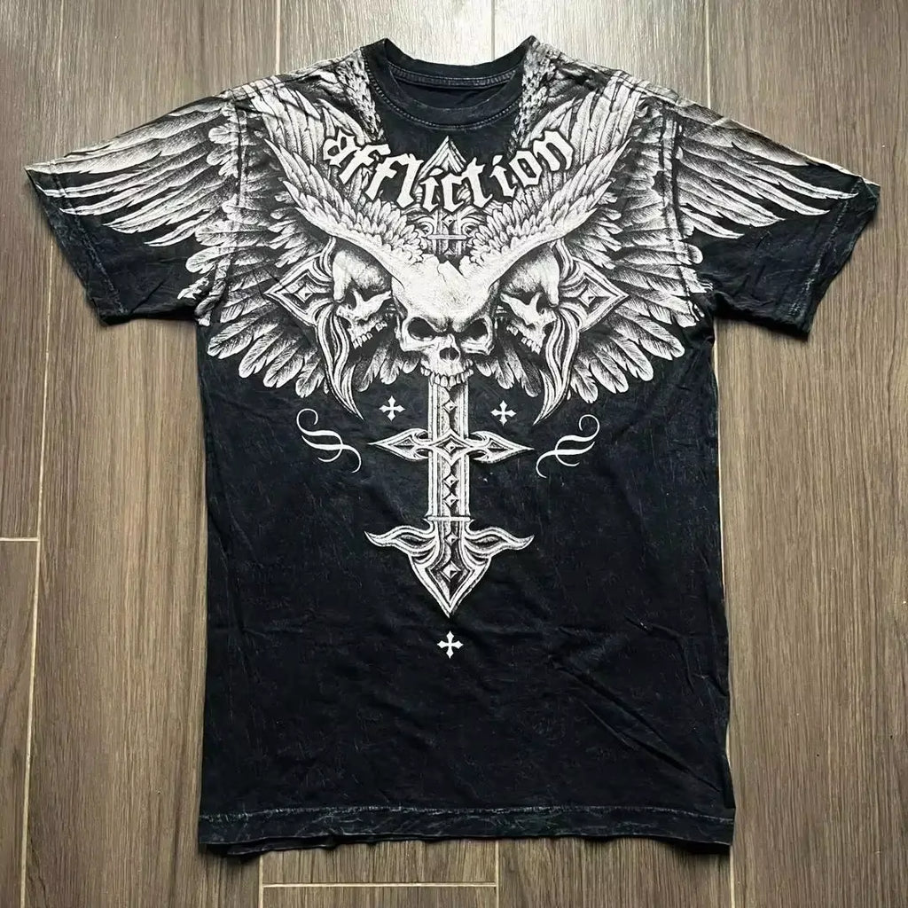 2000S American Skull Wings Double Sided Pattern 3D Printed Polyester Fiber Street Style Top T-Shirt Painful Fashion