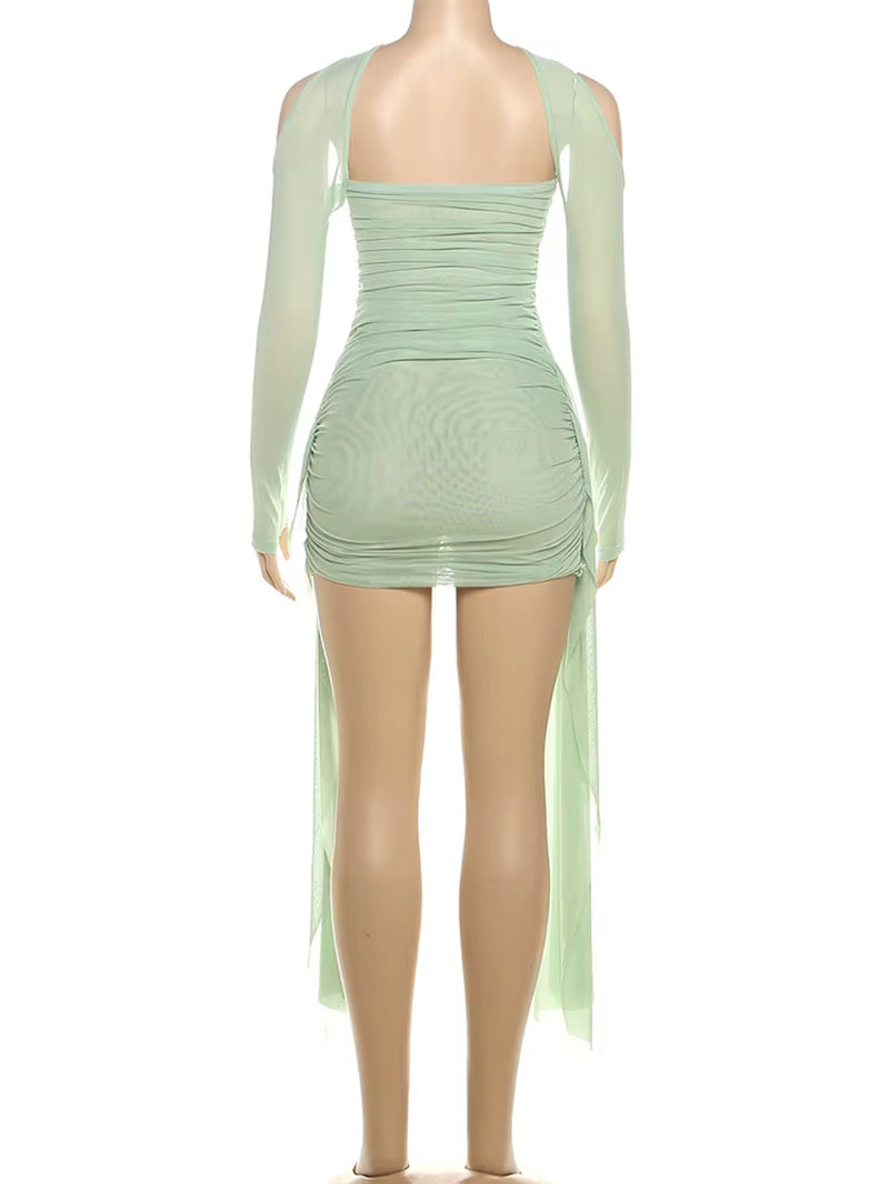 Summer Vacation Sexy See through Dress+Shawl Women Ruched Side Ribbon Coquette Skinny Midnight Clubwear Party Bodycon