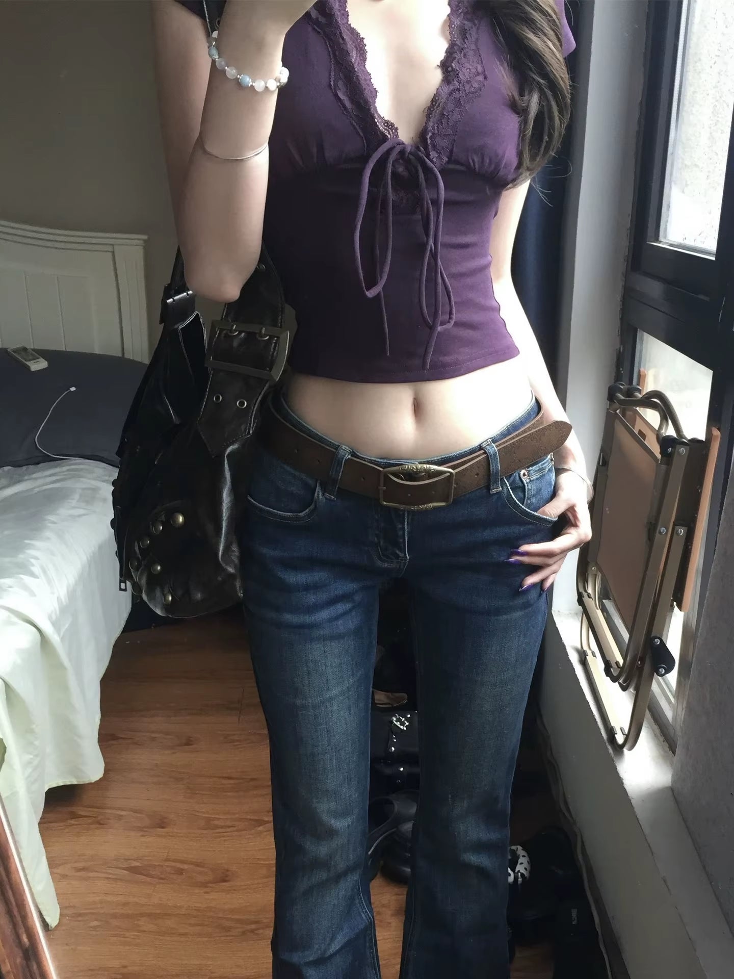 Y2K Japanese Lace T-Shirt Women Short Sleeve Deep V Neck Crop Tops Lace up Vintage Fairycore Tee Tops Streetwear Tshirt