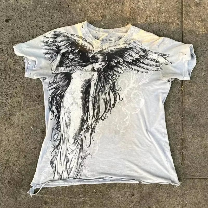 2000S American Skull Wings Double Sided Pattern 3D Printed Polyester Fiber Street Style Top T-Shirt Painful Fashion