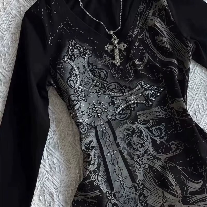 Women'S Hip Hop 90S Vintage Punk T-Shirt Autumn Streetwear Sexy Short Sleeve Gothic Slim Crop Top Hotgirl Casual Femme Tee Y2K