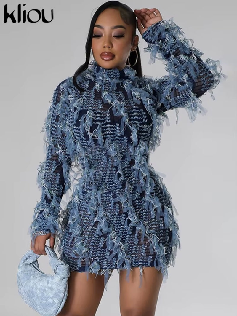 Ruched Patchwork Mini Dress Women Striped Stacked Autumn Full Sleeve Crew Neck Holes Chic Bodycon Female Trend Streetwear